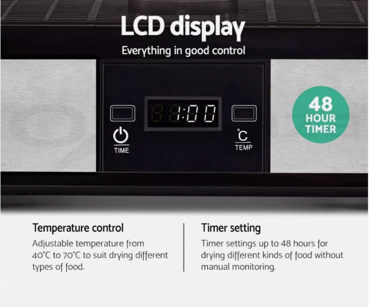 Food dehydrator with LED control panel, temperature, and timer settings.