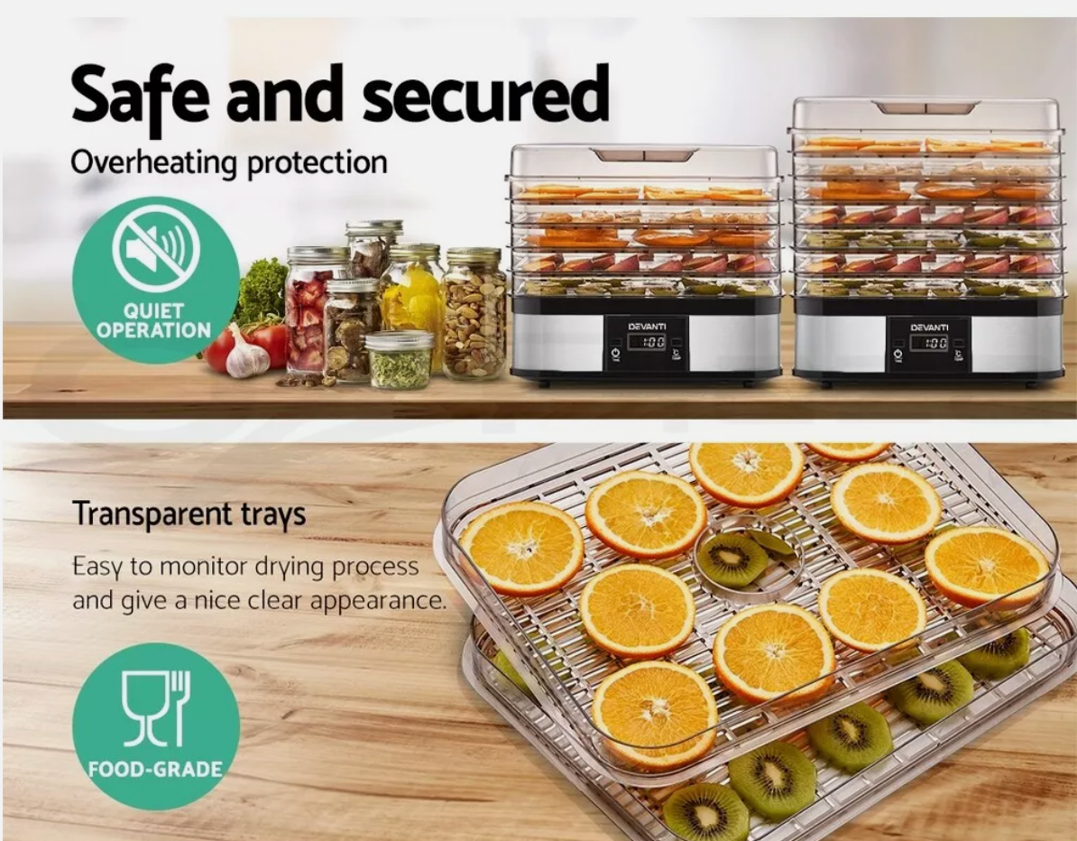 Food dehydrator for drying bread, snacks, and fruit with safe low heat circulation.