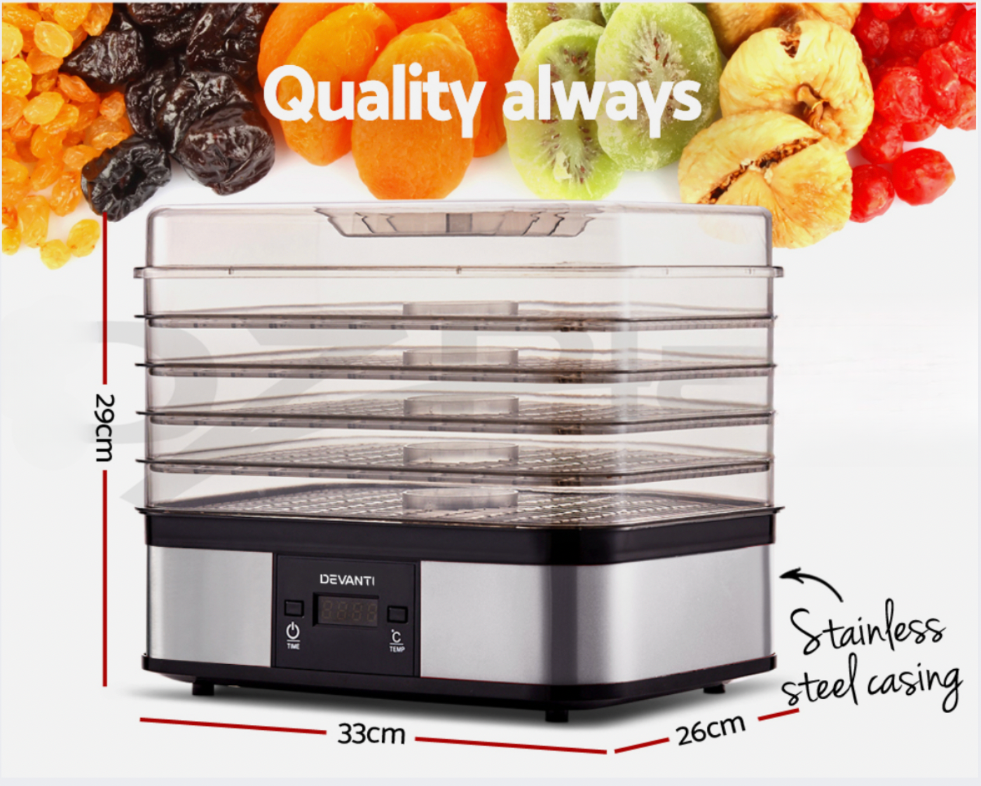 Stackable tray food dehydrator filled with fruits and vegetables for healthy drying.