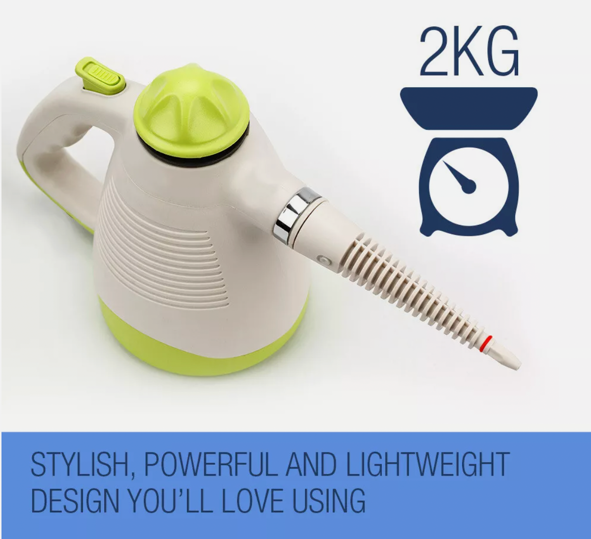 Portable steam cleaner with water measuring cup and funnel for easy refill.