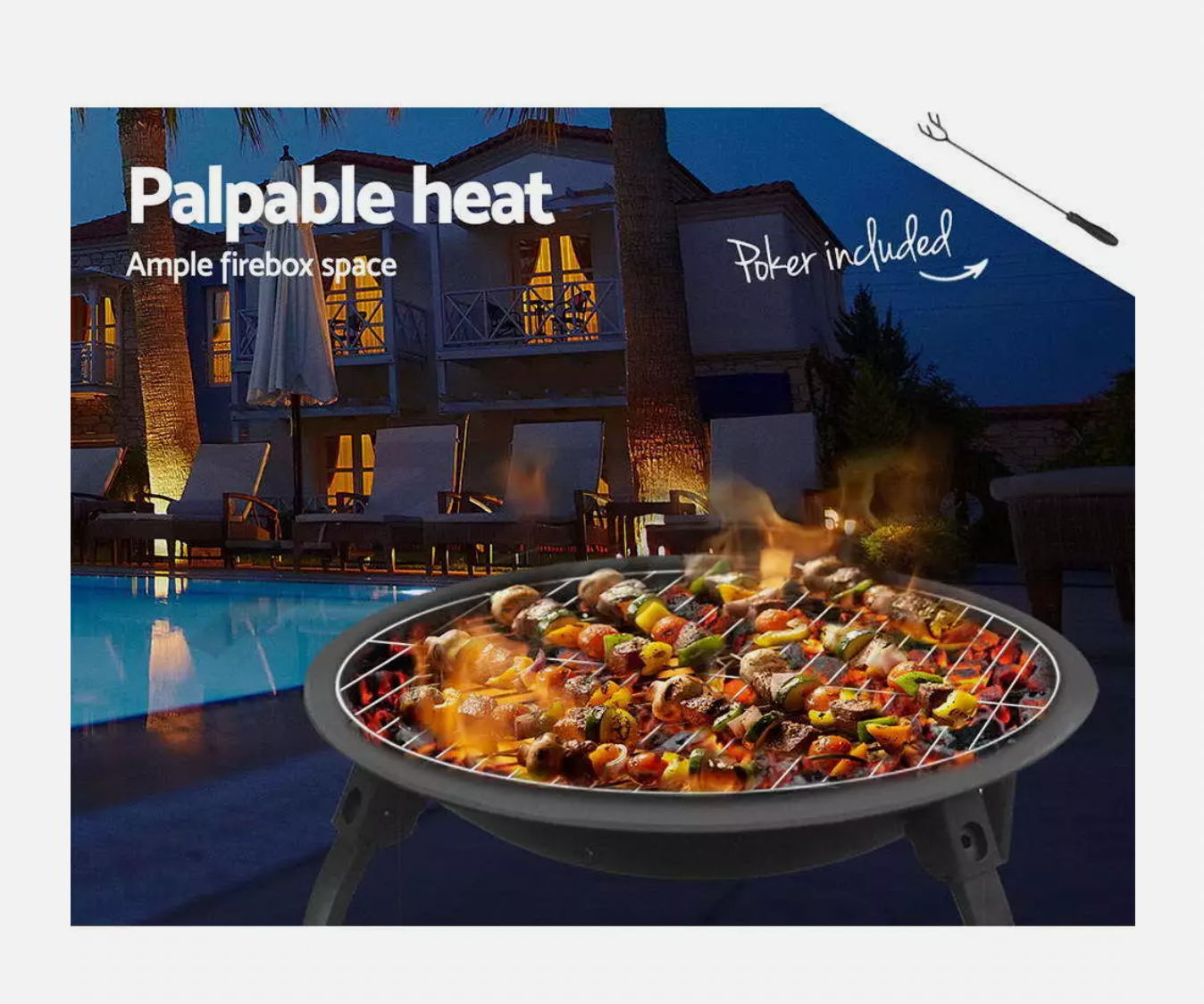 Outdoor fire pit with grill used for cooking pizza and barbecue at night.