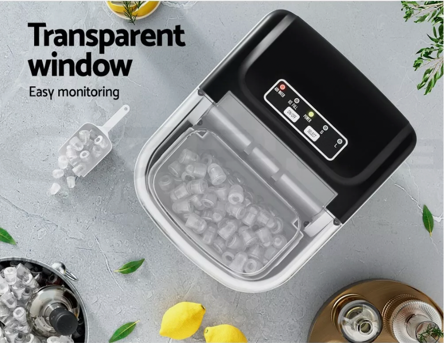 Countertop ice maker with simple push-button control panel and viewing window.