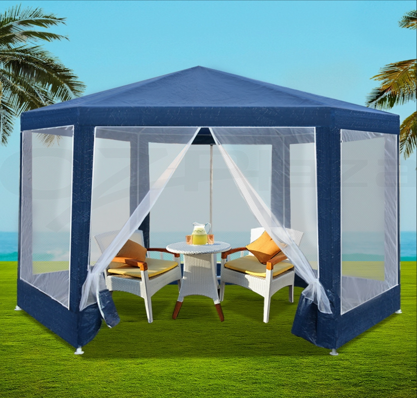 Large blue outdoor gazebo tent with mesh sides for shade and insect protection.