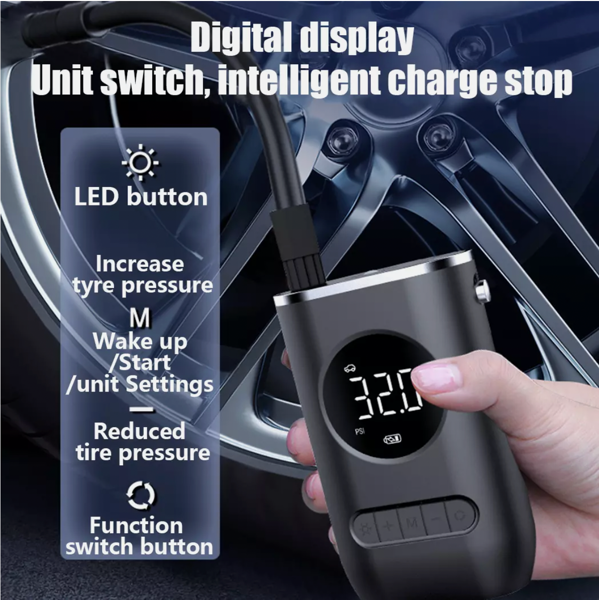 Cordless air pump inflating car tire with digital pressure gauge display.