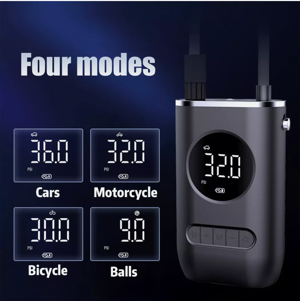 Cordless air pump with preset inflation modes for cars, bikes, and sports gear.