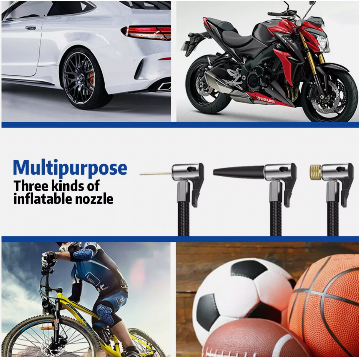 Cordless air pump inflating sports balls, bicycles, and car tires