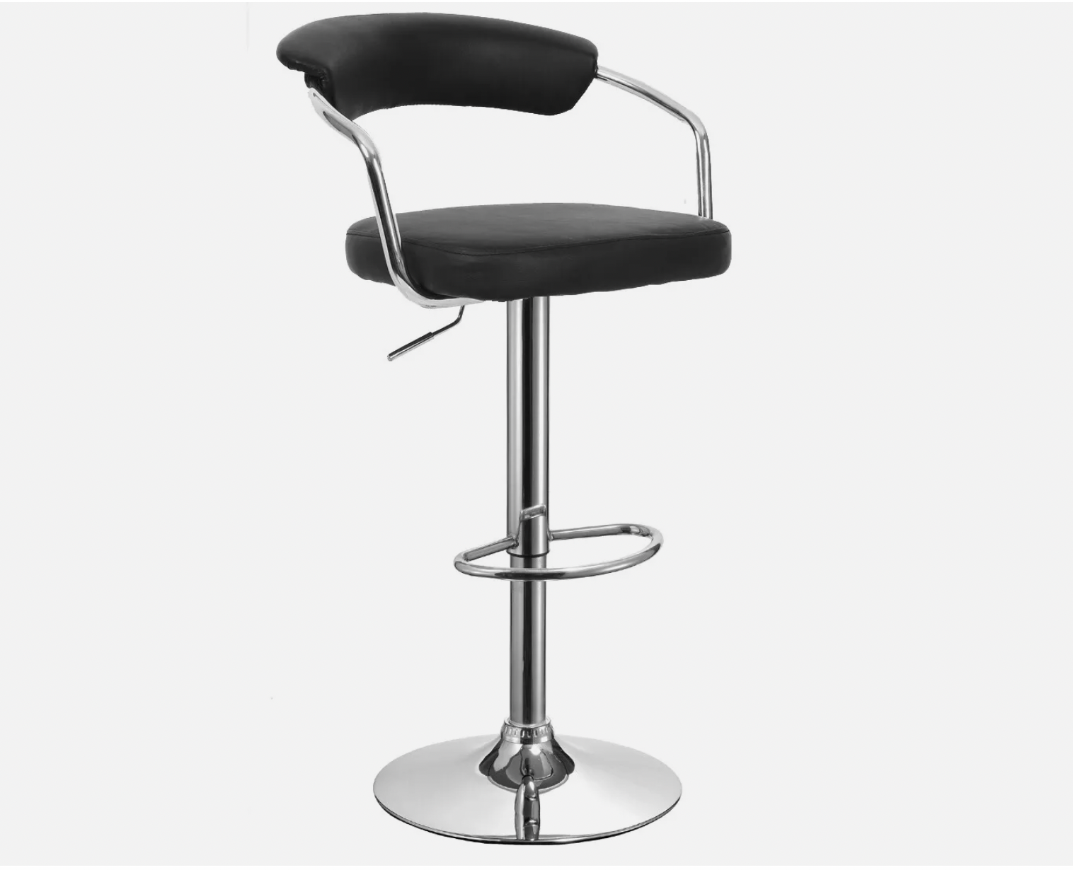 Black bar stool with cushioned seat, cut-out backrest design, and chrome base