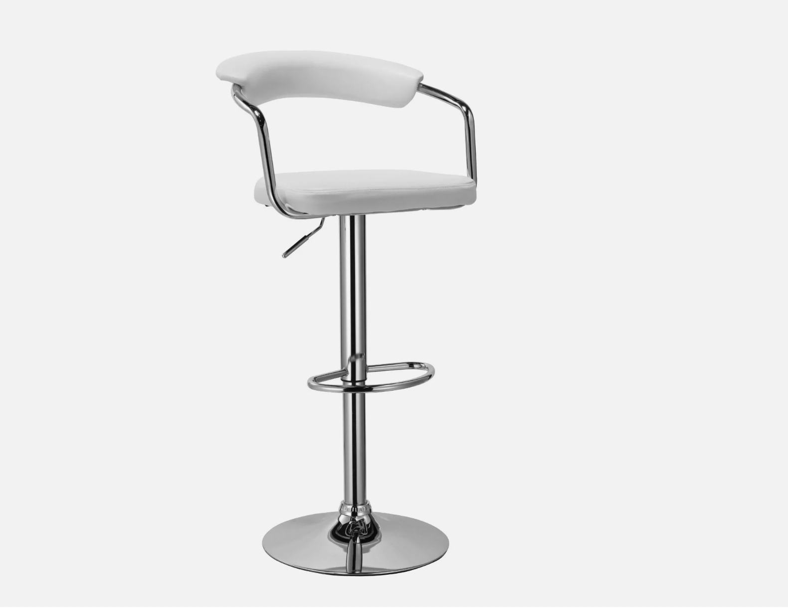 White cushioned bar stool with cut-out backrest and swivel chrome base.