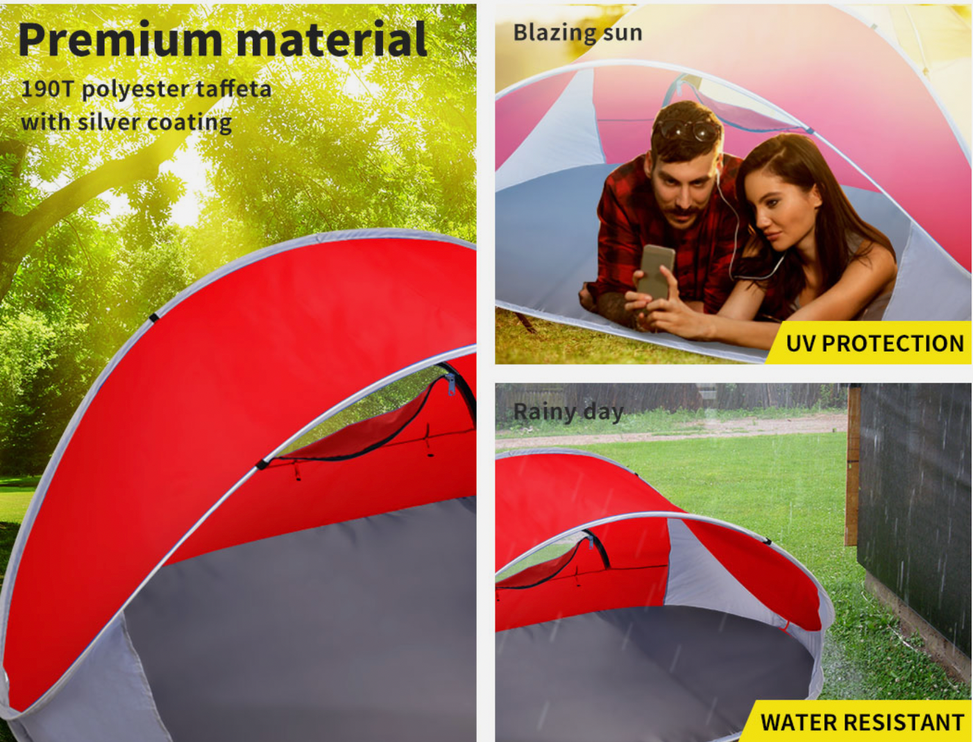 Red UV-protected beach tent with mesh panels for ventilation and sun shelter.