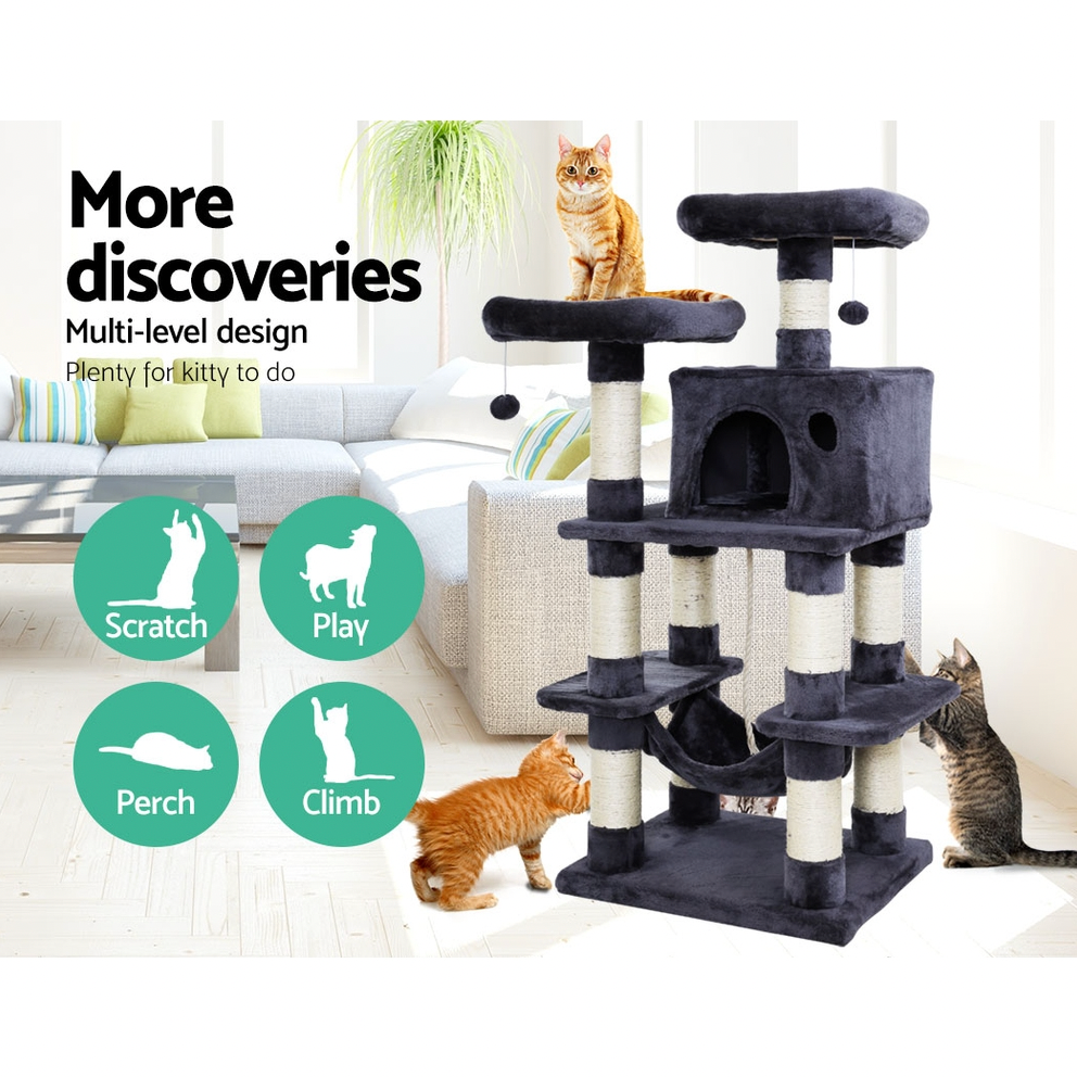 Cat tree with toys, scratching posts, and climbing areas