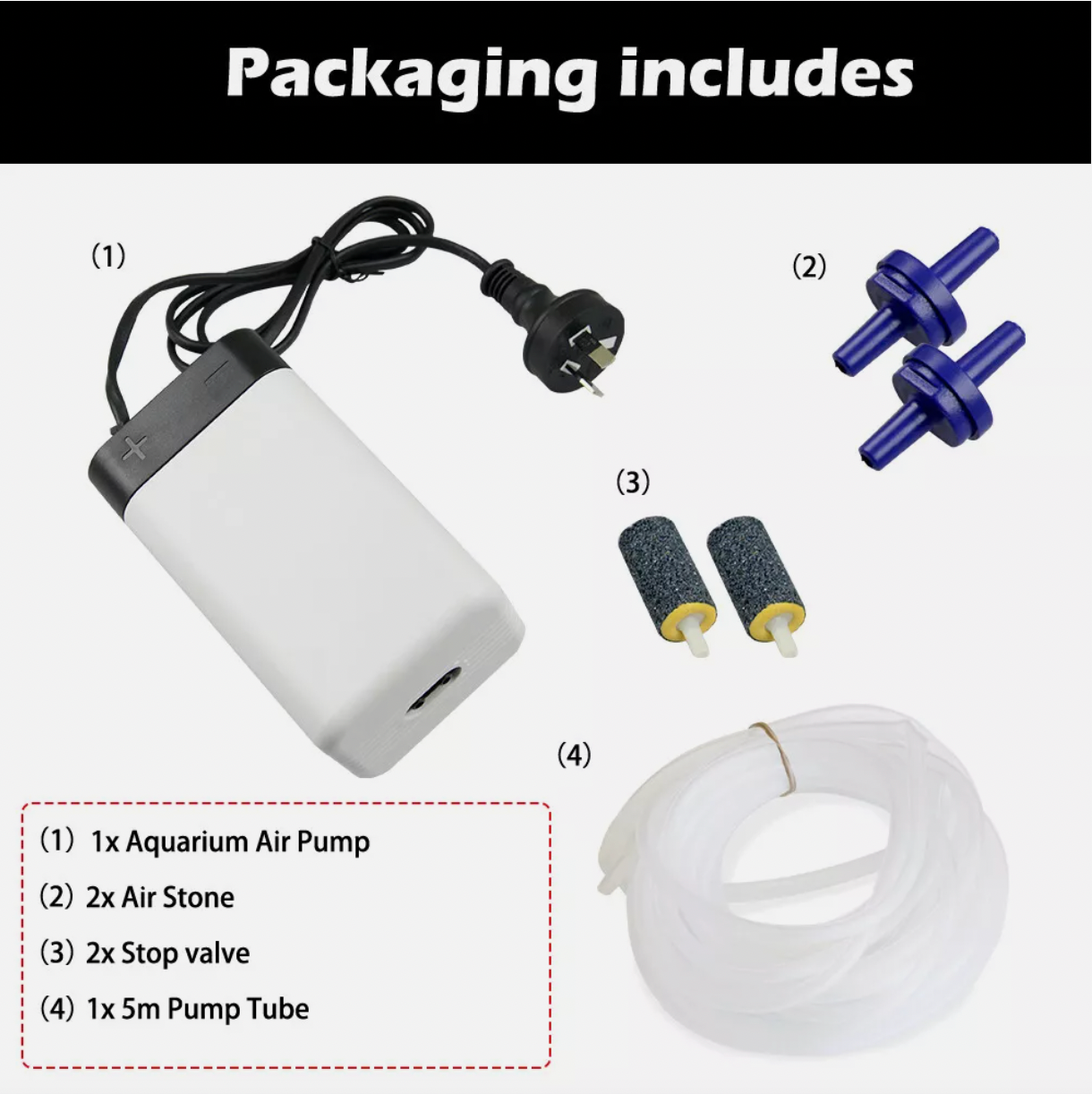 Aquarium air pump package with tubing and accessories