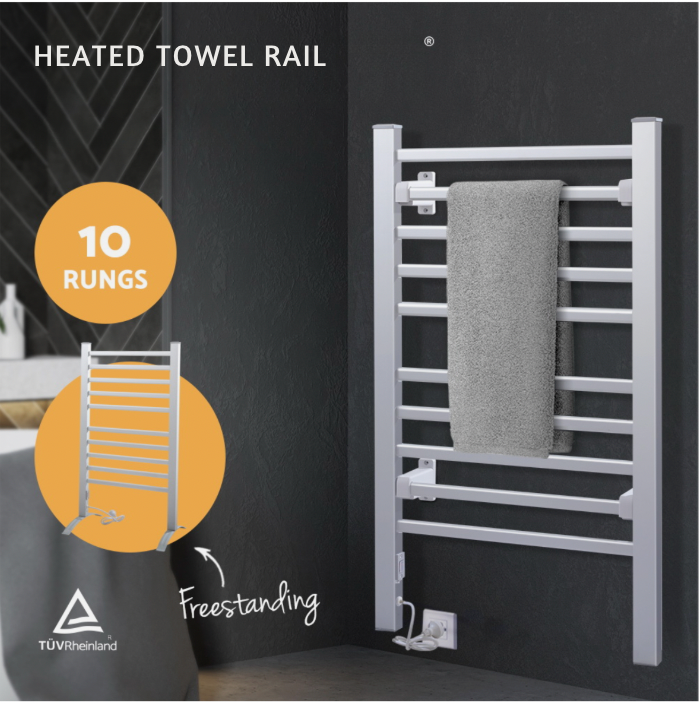 Wall-mounted heated towel rail with round bars in black