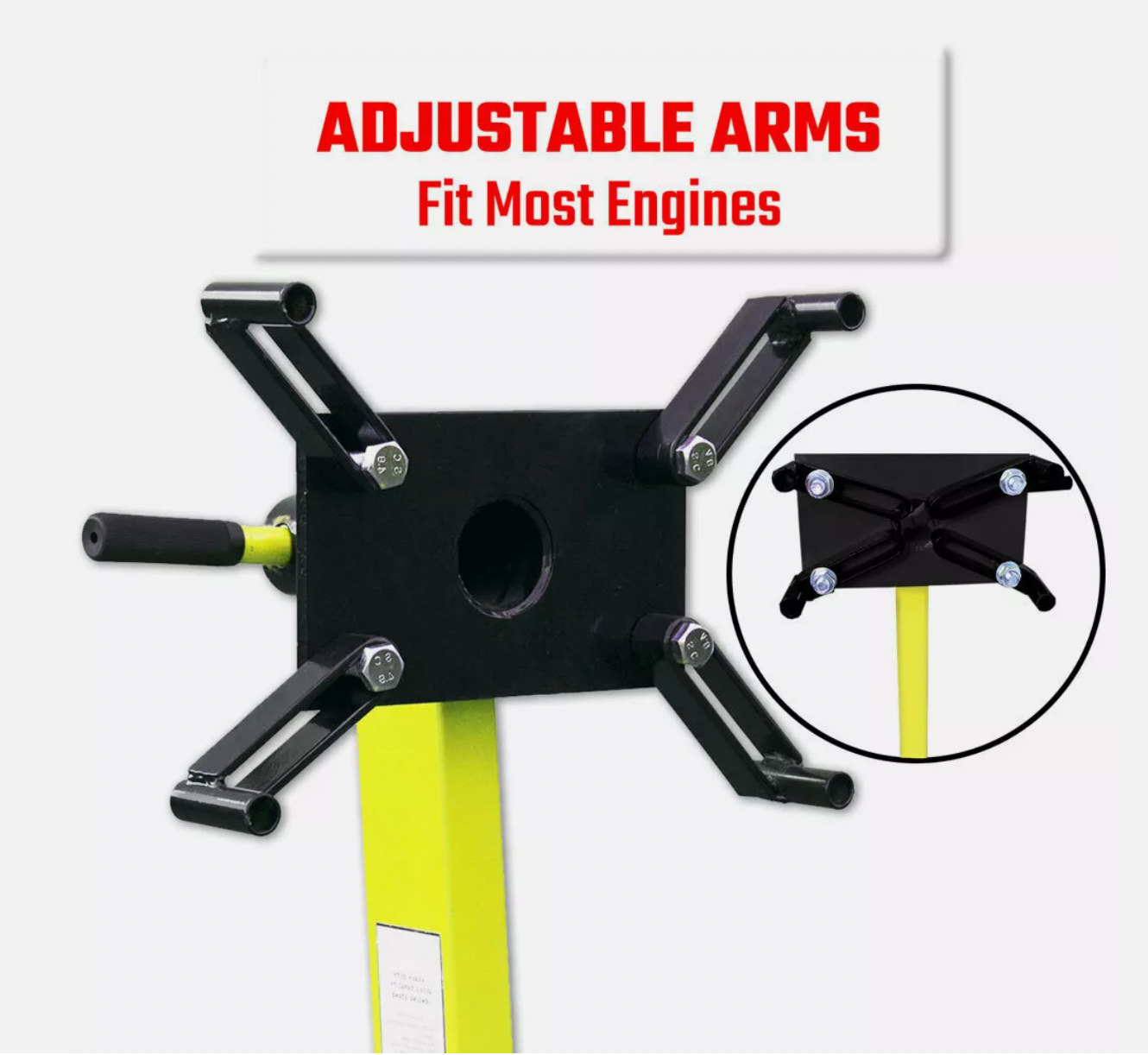 Adjustable engine stand with secure mounting arms