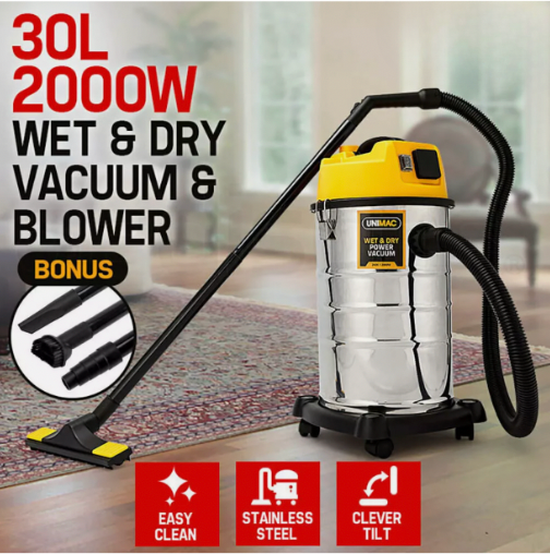 Heavy-duty vacuum cleaner with stainless steel tank and accessories