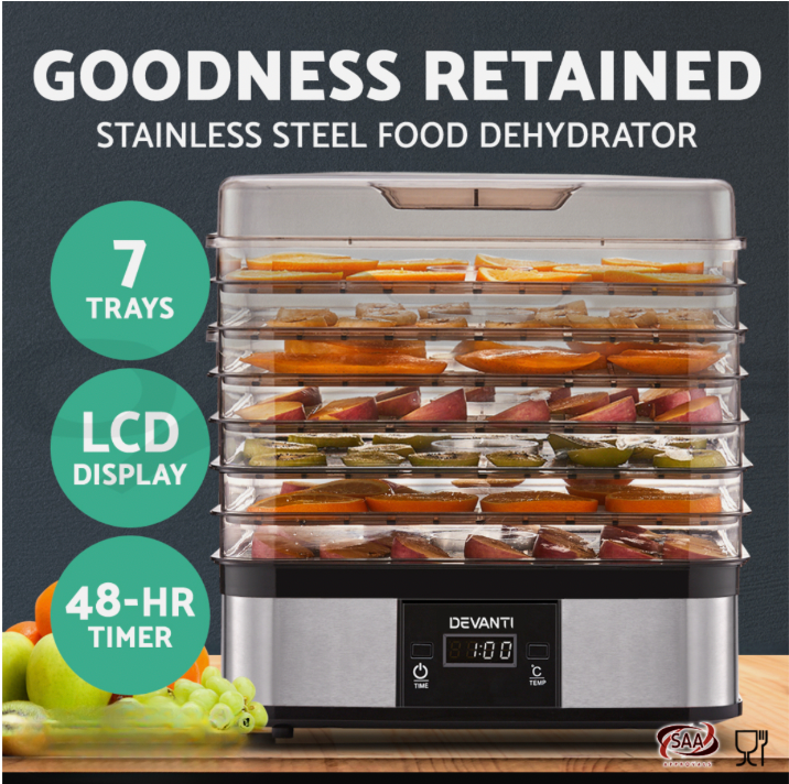 Multi-tray food dehydrator for retaining nutrients in fruits, vegetables, and meats.