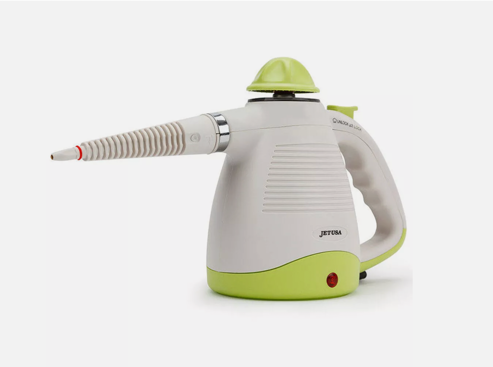 Compact handheld steam cleaner with ergonomic handle and steam release button