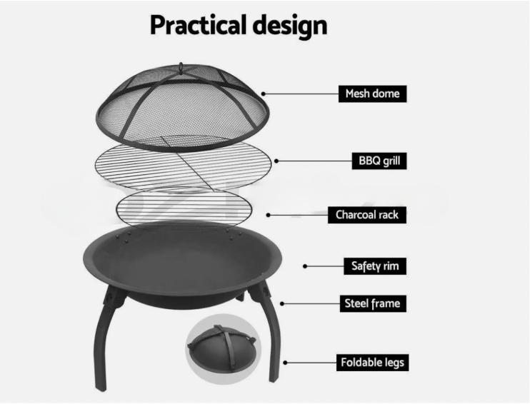 Round metal fire pit with removable grill top and sturdy tripod legs