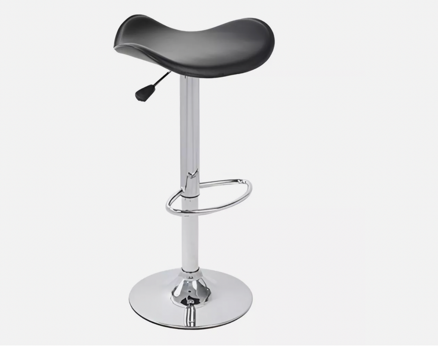 Black saddle-style bar stool with cushioned seat and chrome pedestal base