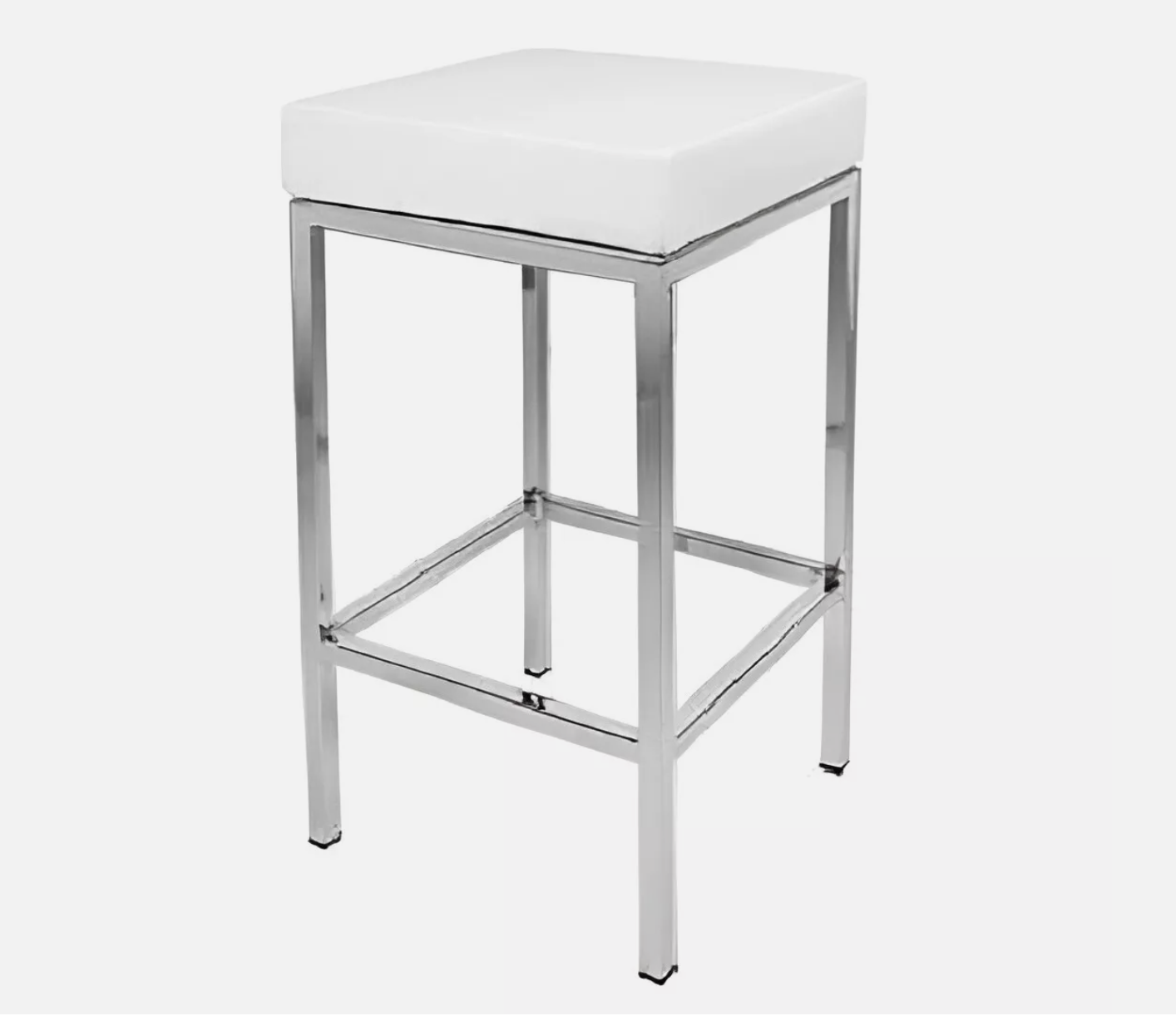 Black square cushioned bar stool with four metal legs and footrest.