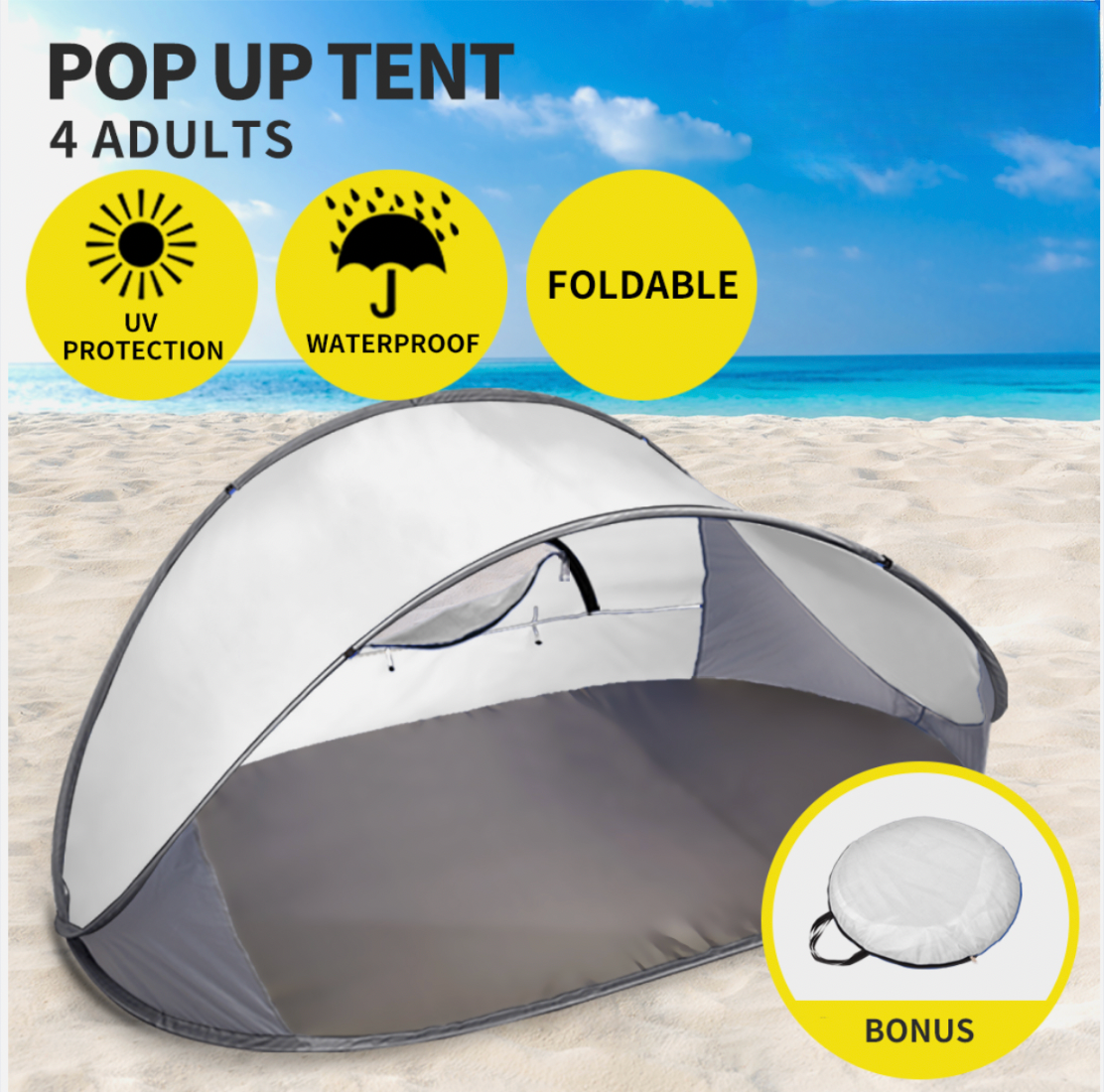 Grey pop-up beach tent with UV sun protection and portable carry bag