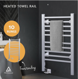Compact heated towel rail with round bar design in bathroom