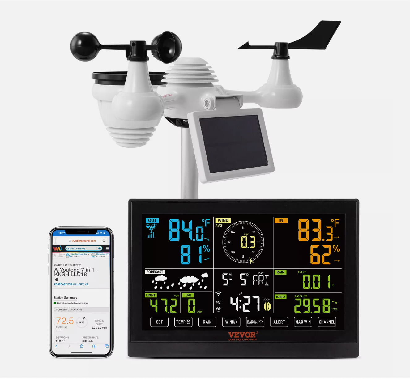 User checking live updates from weather station app indoors