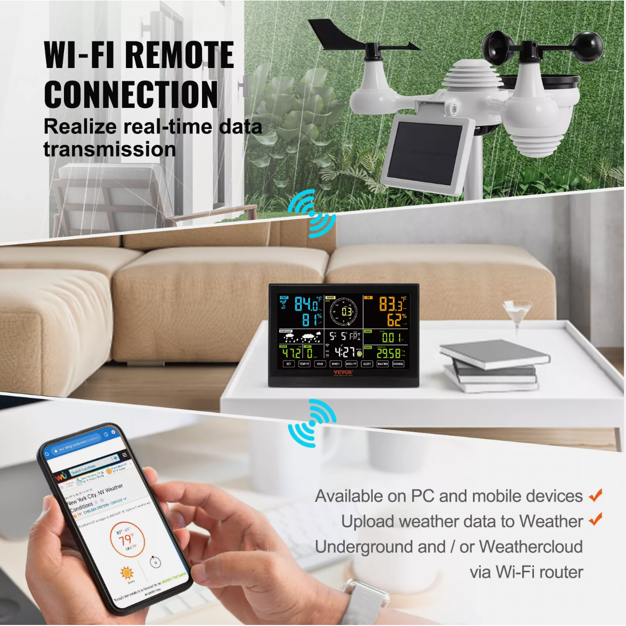 Weather station mobile app syncing live data indoors