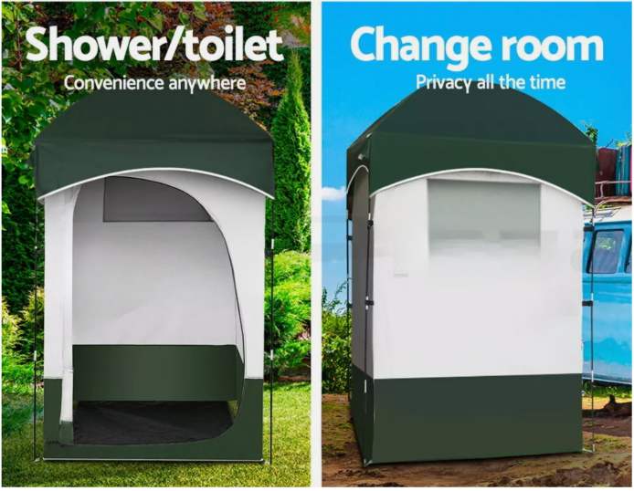 Outdoor shower tent in green and blue for camping privacy
