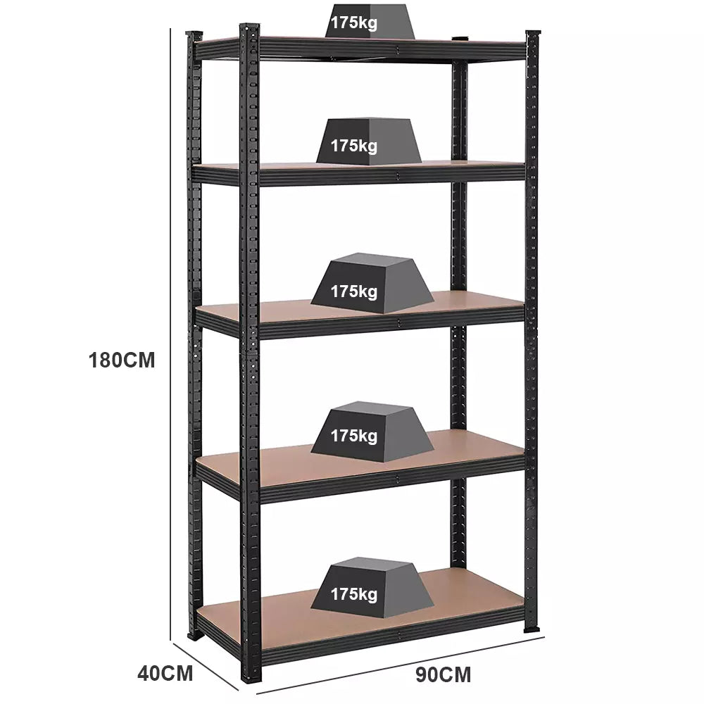Heavy-duty garage shelving rack with five tiers and size dimensions shown