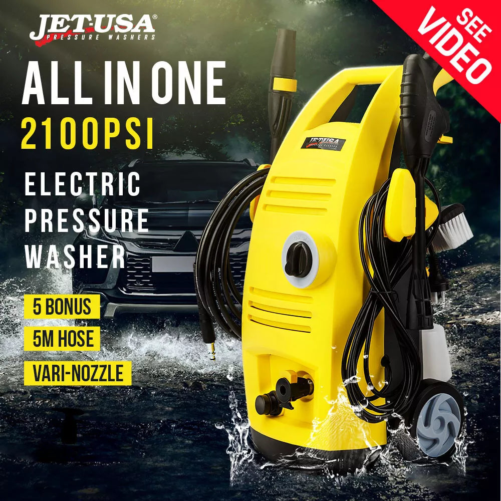 Yellow electric pressure washer with multiple nozzles and accessories for outdoor cleaning.