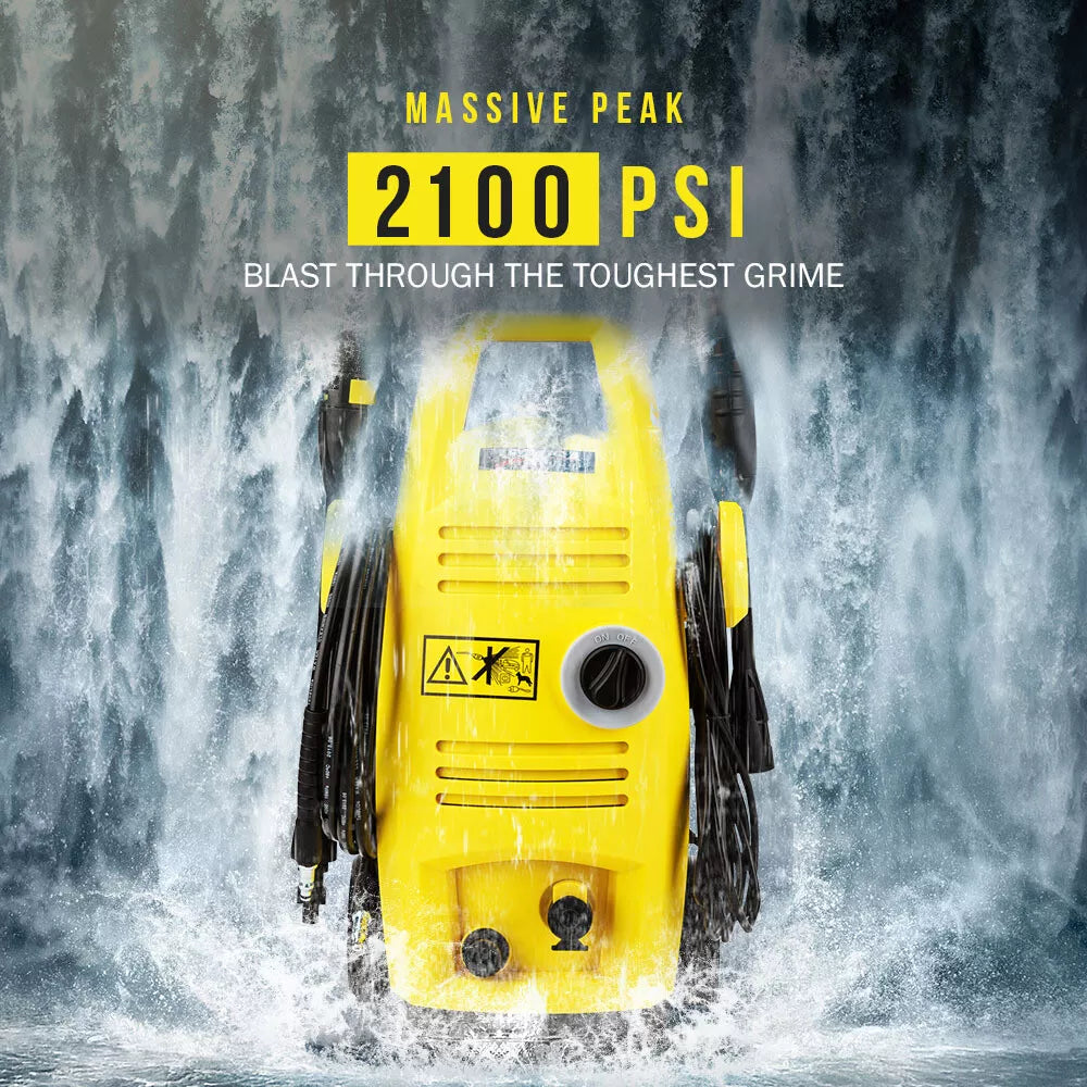 Heavy-duty pressure washer removing dirt and snow from outdoor surfaces.