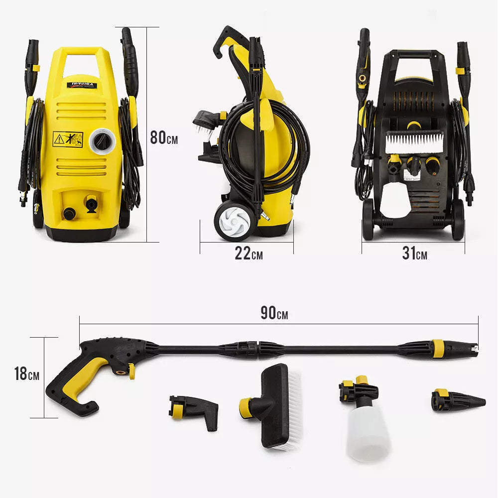 Yellow pressure washer with spray gun, hose, and cleaning attachments.