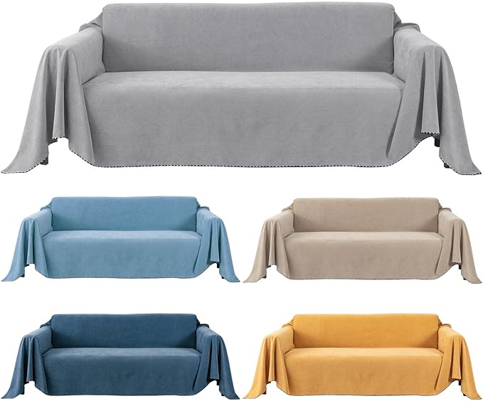 Collection of couch covers in grey, blue, and yellow with cushion sets
