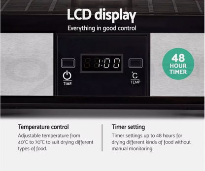 Food dehydrator with LED control panel, temperature, and timer settings.
