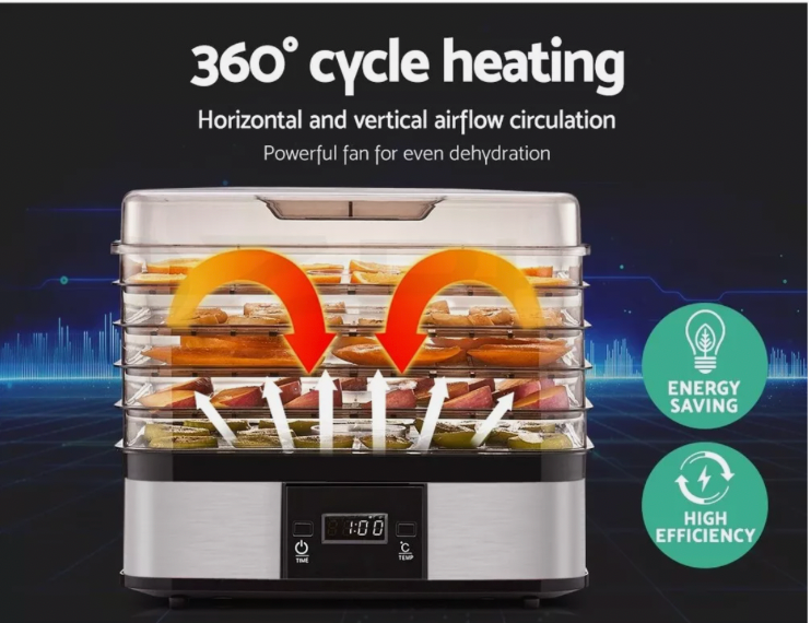 Food dehydrator making beef jerky and dried snacks with nutrient retention.