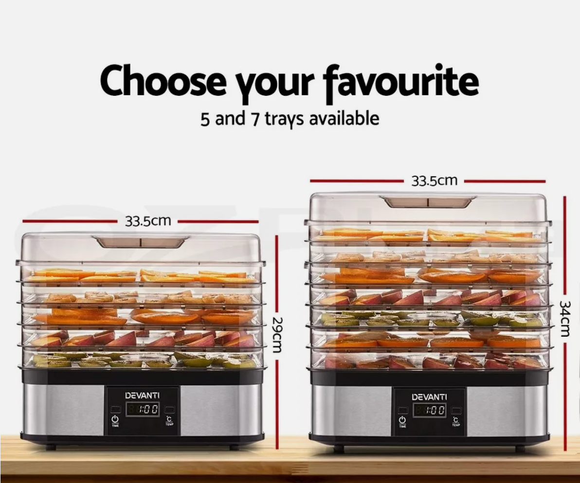 Food dehydrator with adjustable stackable trays for customized drying capacity.