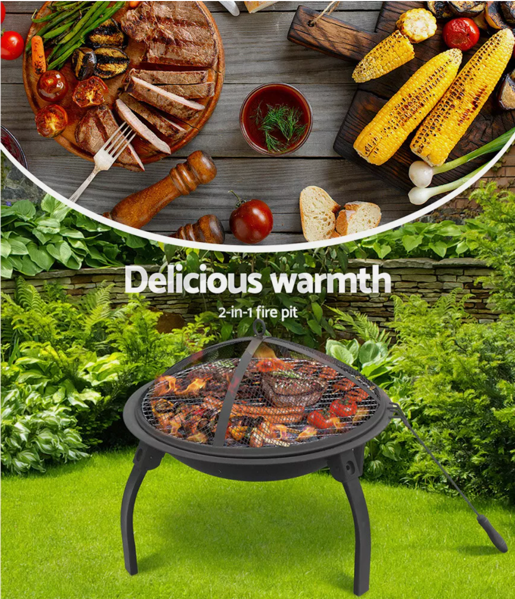 Wood burning fire pit with grilling rack used for backyard barbecue