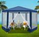 Large blue outdoor gazebo tent with mesh sides for shade and insect protection.