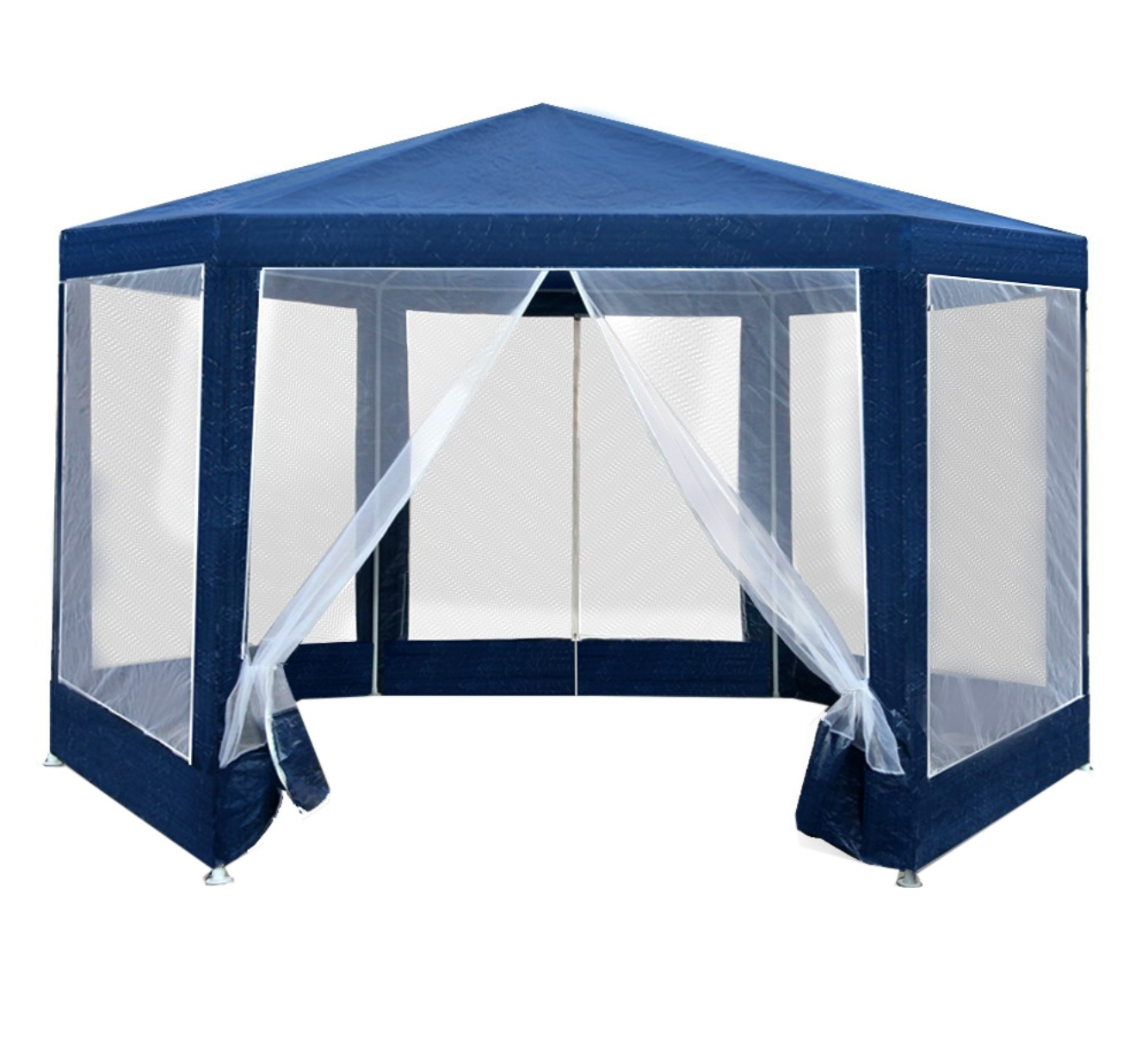 Blue hexagonal gazebo tent with mesh sides and strong steel support frame.