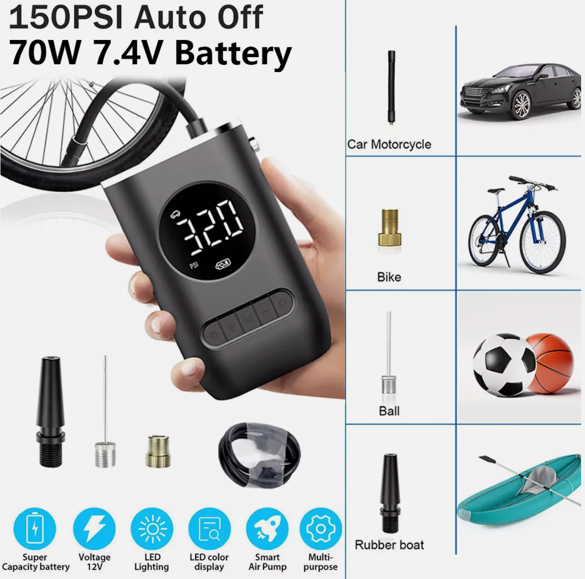 Rechargeable cordless air pump with auto shut-off and multi-use nozzles