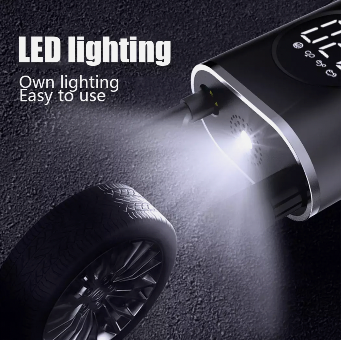 Portable cordless air pump with LED flashlight for night use