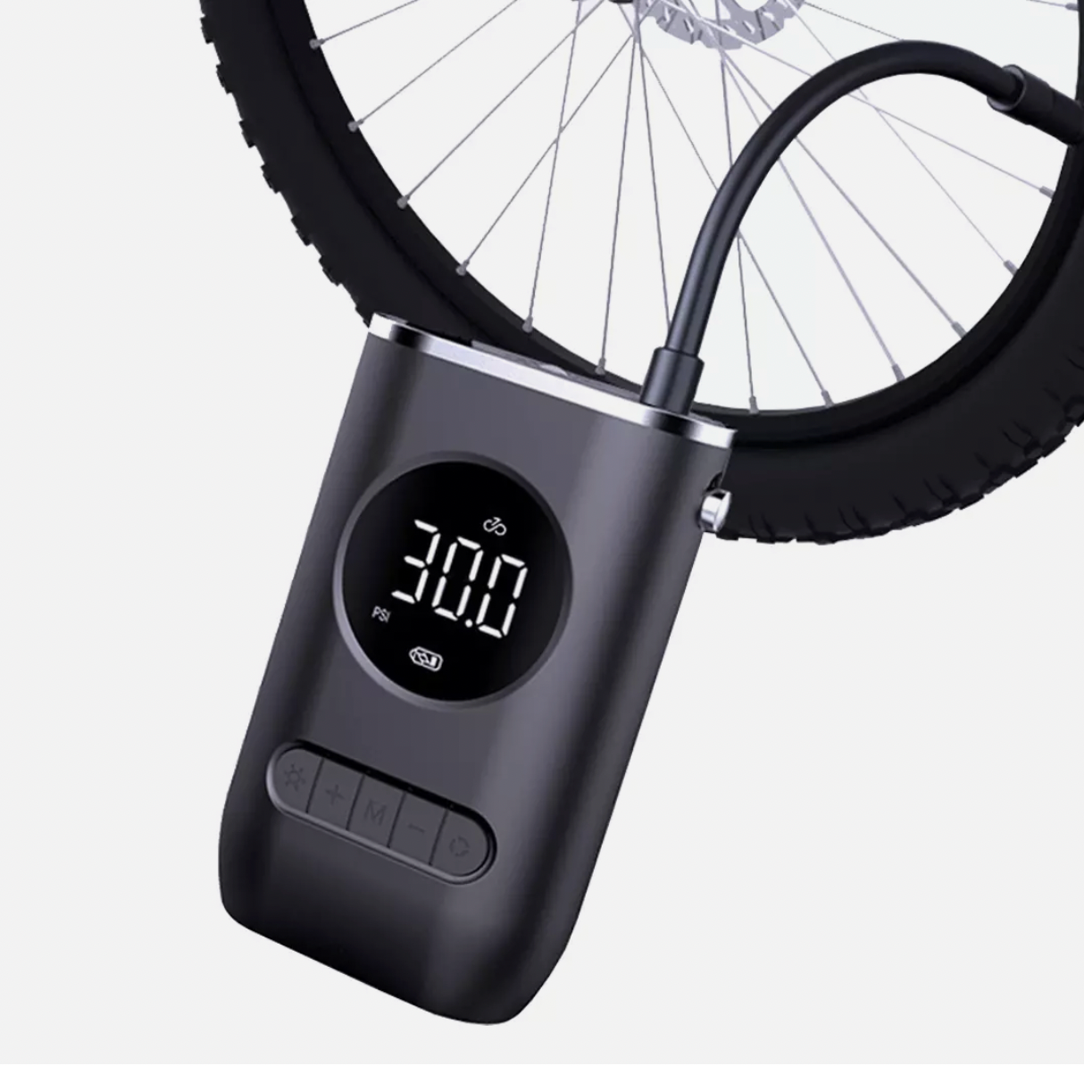 Compact cordless air pump with neck strap and digital LCD screen.