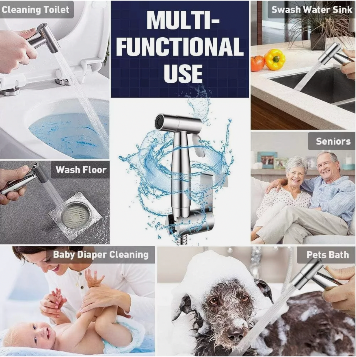 Multi-use bidet spray for toilet cleaning, pet washing, and baby care.