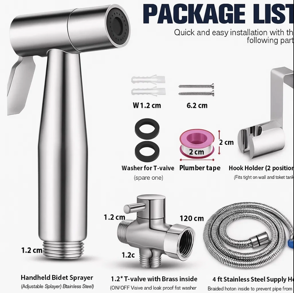 Handheld bidet sprayer with hose, T-valve, and wall mount included in package.
