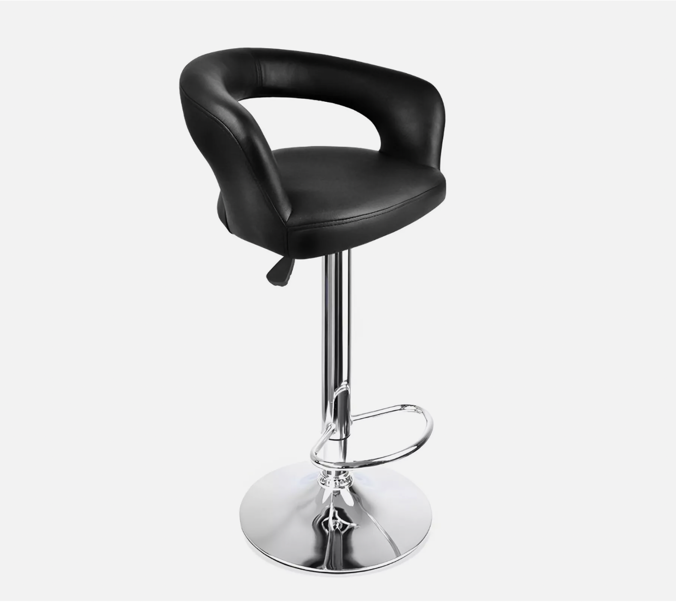 Black cushioned bar stool with unique handle-style backrest and chrome base