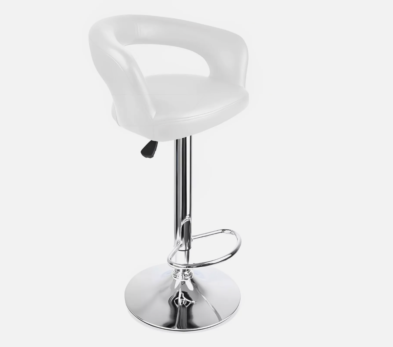 White cushioned bar stool with handle-style backrest and chrome swivel pedestal