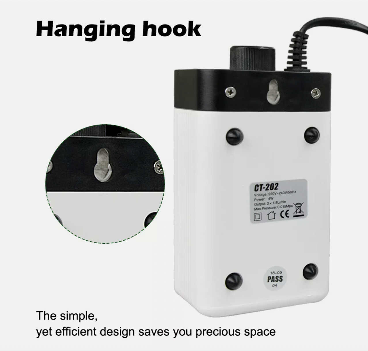 Aquarium air pump with hanging hook for easy mounting