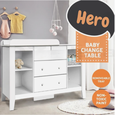 White baby change table with storage shelves for nursery