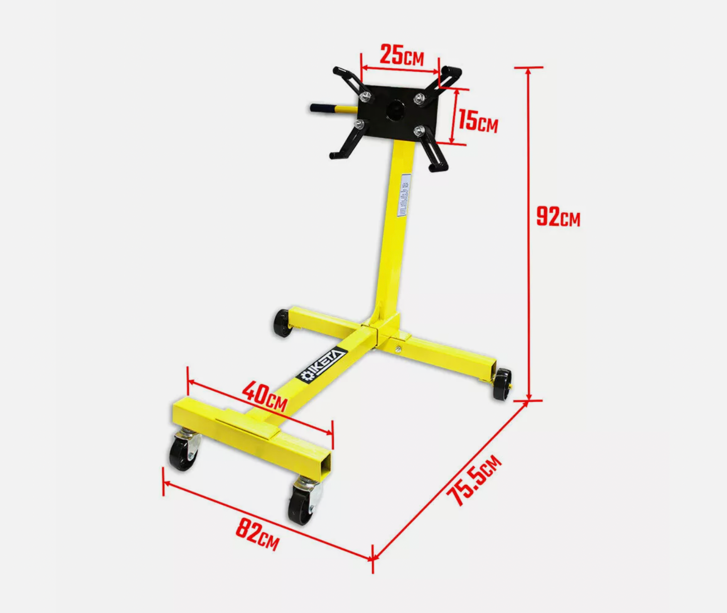 Yellow engine stand with reinforced steel frame and wheels