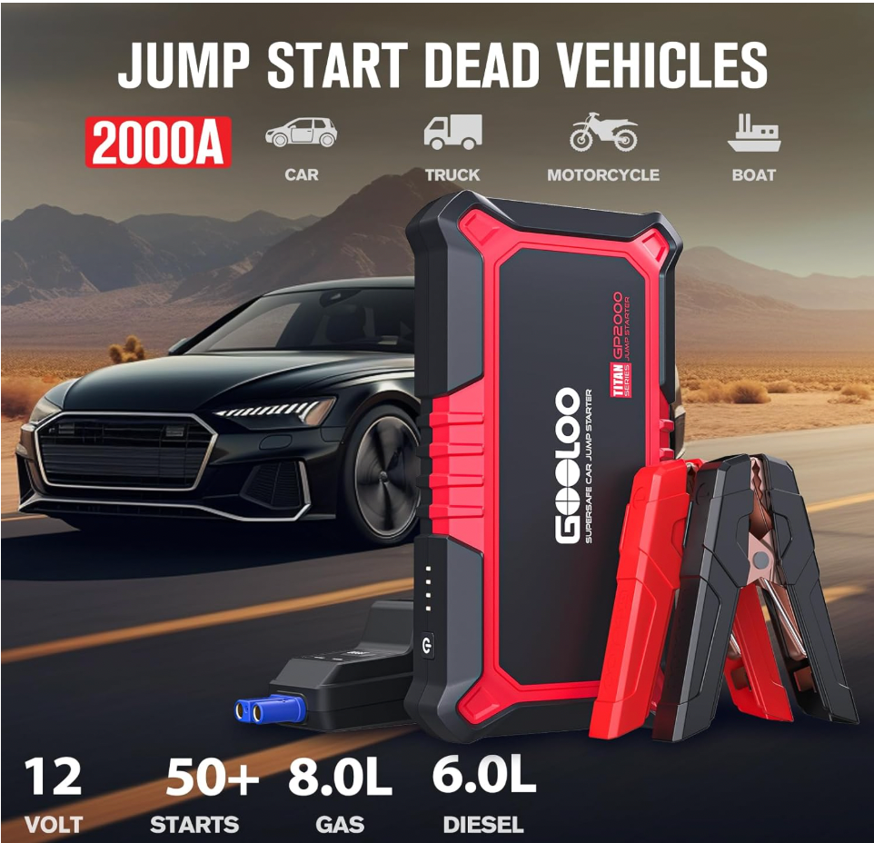 Compact jump starter for cars with emergency power bank function.